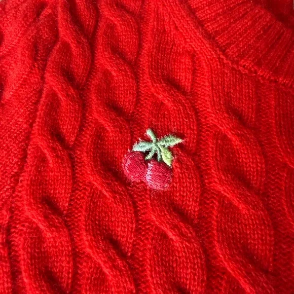 J.Crew 100% Cashmere Red Cable-Knit Crewneck Sweater Cherry Embroidery XS/S - Picture 7 of 9